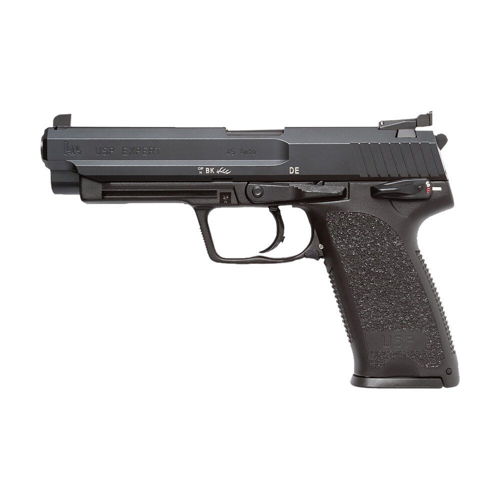 hk 81000365 usp expert v1 sa/da 45 acp caliber with 5.19" barrel, 10+1 capacity, overall black finish, serrated trigger guard frame, serrated long steel slide & polymer grip includes 2 mags HK 81000365 USP Expert V1 SA/DA 45 ACP Caliber Sports South item 178698