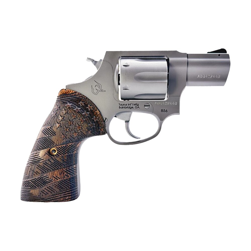 taurus 2 85629 us2 856 small 6 shot 2" matte stainless steel barrel & frame, polished cylinder, custom designed wood grip w/stars, transfer bar safety, exposed hammer Taurus 2-85629-US2 856 Small 6 Shot 2" Matte Stainless Steel Barrel & Sports South item 179234
