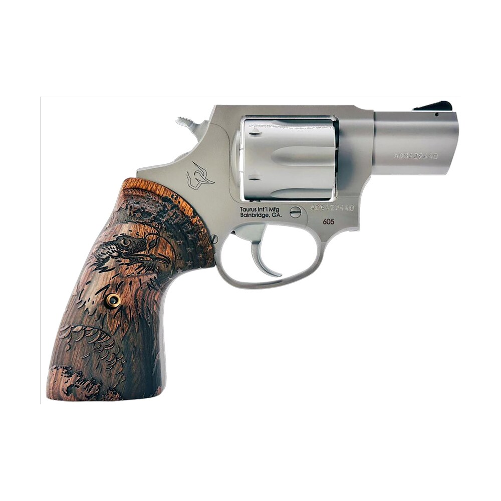 taurus 2 605029 us2 605 small 357 mag/38 special +p 5 shot 2" matte stainless steel barrel & frame, polished cylinder, custom designed wood grip w/eagle, transfer bar safety, exposed hammer Taurus 2-605029-US2 605 Small 357 Mag/38 Special +P 5 Shot 2" Matte Stainless Steel Barrel Sports South item 179235