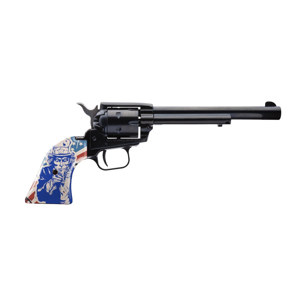 heritage mfg rr22b6 us09 rough rider 22 lr 6 shot 6.50" black black zinc alloy frame & cylinder, ivory w/red/blue uncle sam grip, hammer/thumb safety, exposed hammer Heritage Mfg RR22B6-US09 Rough Rider 22 LR 6 Shot 6.50" Black Black Zinc Alloy Frame & Sports South item 179240
