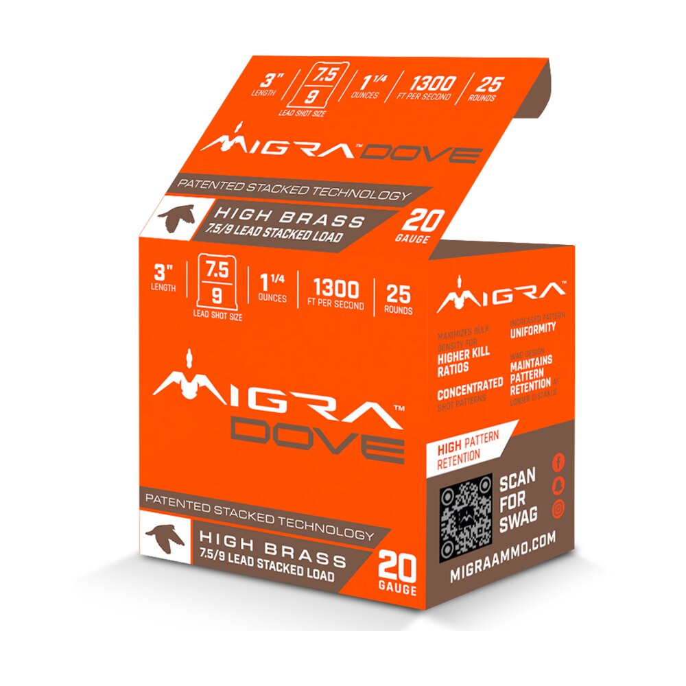 migra ammunitions m20ud75 9 dove 20gauge 3" 1 1/4oz 7.5/9shot 25 per box/10 case Migra Ammunitions M20UD75-9 Dove 20Gauge 3" 1 1/4oz 7.5/9Shot 25 Per Box/10 Case Sports South item 179825