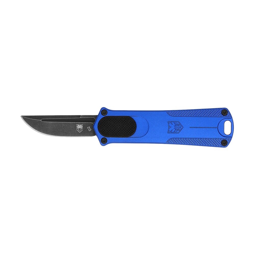 cobratec knives cali952bludns california 952 *ca compliant 1.75" otf drop point plain black stonewashed d2 steel blade, 3" blue anodized aluminum handle CobraTec Knives CALI952BLUDNS California 952 *CA Compliant 1.75" OTF Drop Point Plain Black Sports South item 180327