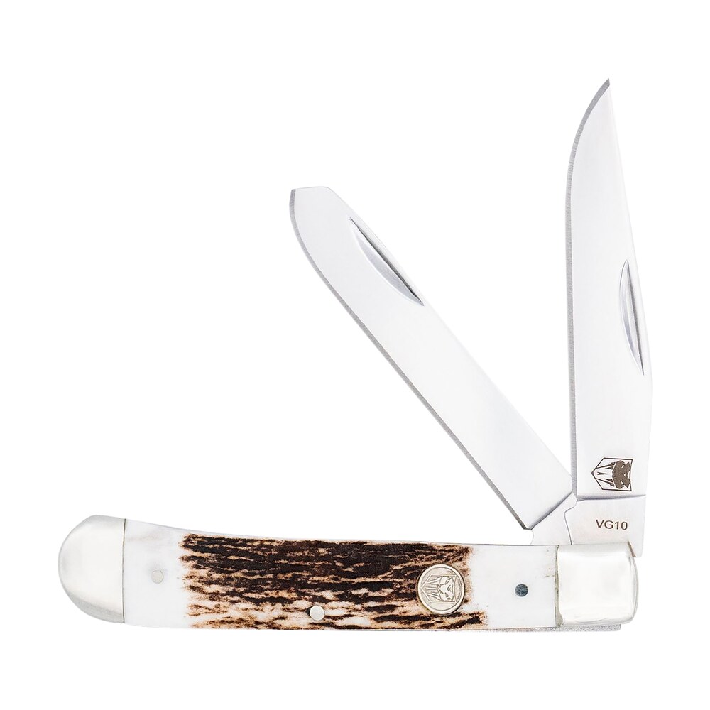 cobratec knives cttdtrpstag trapper folding 2.88" clip point, 2.94" spey plain polished vg 10 ss blades, 4.44" stag bone scales/ss handle CobraTec Knives CTTDTRPSTAG Trapper Folding 2.88" Clip Point, 2.94" Spey Plain Polished VG-10 Sports South item 180340
