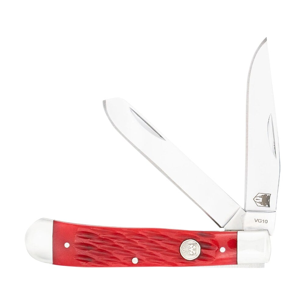 cobratec knives cttdtrpredbn trapper folding 2.88" clip point, 2.94" spey plain polished vg 10 ss blades, 4.44" red bone scales/ss handle CobraTec Knives CTTDTRPREDBN Trapper Folding 2.88" Clip Point, 2.94" Spey Plain Polished VG-10 Sports South item 180341