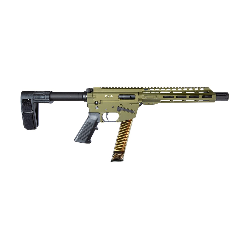 freedom ordnance fx9p10sbm odg fx9 9mm luger 32+1 10" black nitride barrel, m lok handguard, od green aluminum receiver w/picatinny rail, od green polymer sb mini brace, black ar15 grip FREEDOM ORDNANCE FX9P10SBM-ODG FX9 9mm Luger 32+1 10" Black Nitride Sports South item 180408