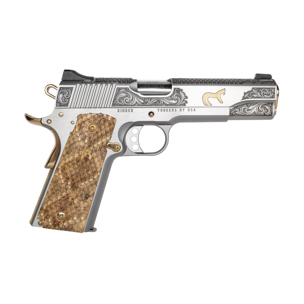 cnc firearms cncrattler kimber 1911 rattler sports south exclusive 45 acp stainless barrel, stainless w/gold plating steel engraved/serrated slide & frame w/beavertail, genuine snakeskin grip Cnc Firearms CNCRATTLER Kimber 1911 Rattler Sports South Exclusive 45 ACP Stainless Sports South item 180670