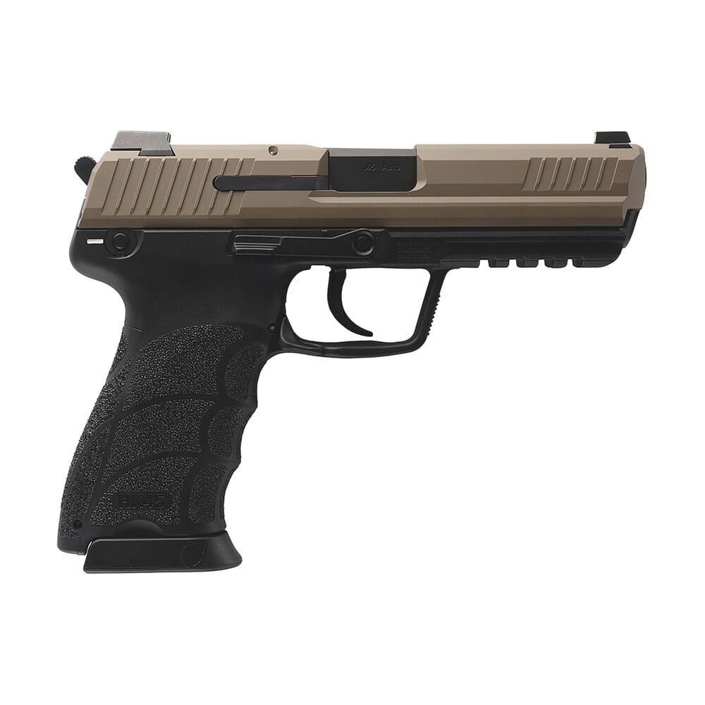 hk 81001208 hk45 v1 45 acp 10+1 4.46" black polygonal rifled barrel, flat dark earth cerakote serrated steel slide, flat dark earth polymer frame w/picatinny rail, ambidextrous HK 81001208 HK45 V1 45 ACP 10+1 4.46" Black Polygonal Rifled Sports South item 180686