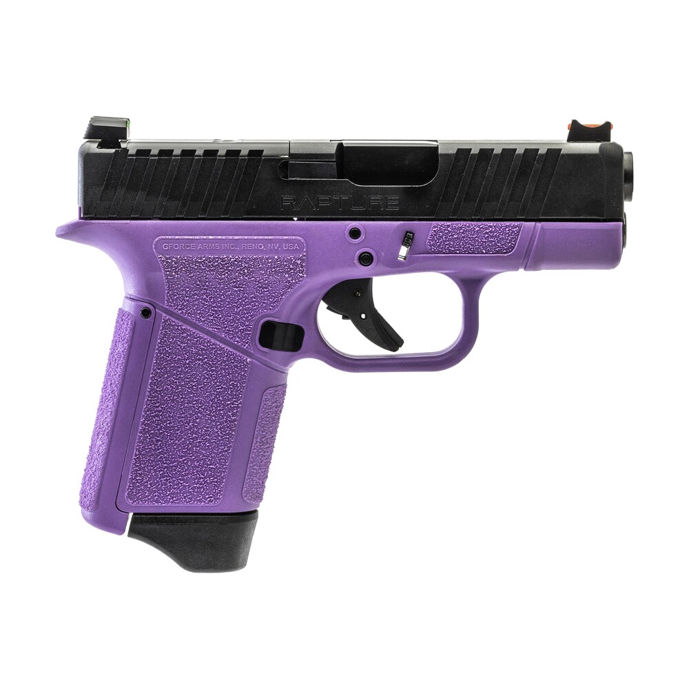 gforce arms gf932512pub rapture sub compact frame 9mm luger 12+1 3.25" black steel barrel, black optic cut/serrated steel slide, purple cerakote polymer frame Gforce Arms GF932512PUB Rapture Sub-Compact Frame 9mm Luger 12+1 3.25" Black Steel Sports South item 180945