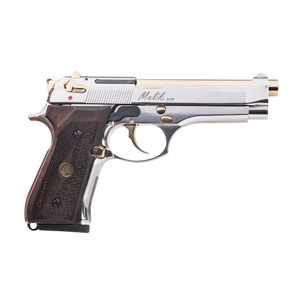 derya firearms melik9.ng.tr melik 9mm luger 17+1 4.90" gold tin steel barrel, black melonite serrated steel slide, black aluminum frame, black polymer grip Derya Firearms MELIK9.NG.TR Melik 9mm Luger 17+1 4.90" Gold TiN Steel Sports South item 180984