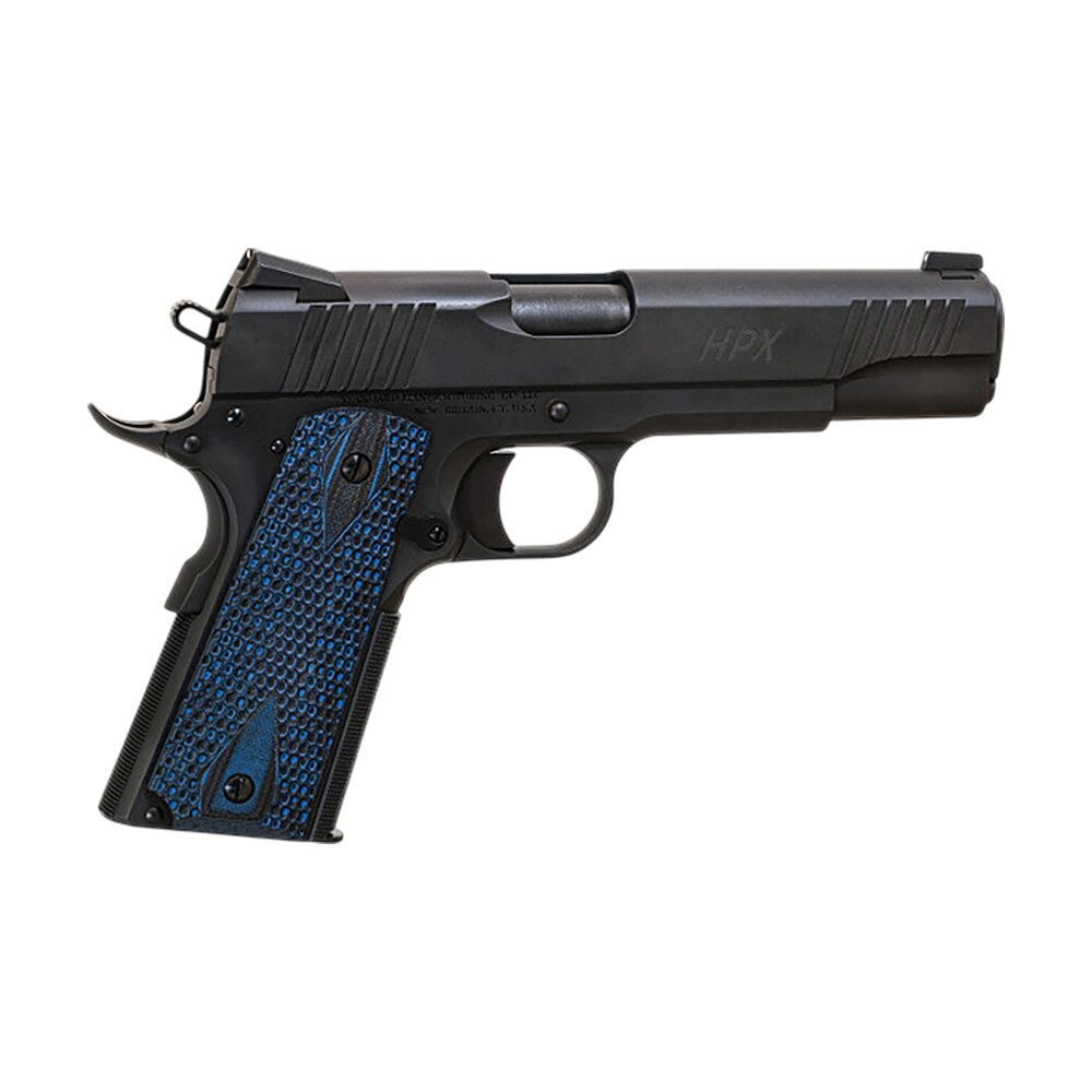 standard mfg 1911 hpx full size frame 45 acp 7+1 5" black match grade barrel, satin steel serrated slide, black satin steel frame w/beavertail, black/blue honeycomb grip Standard Mfg 1911 HPX Full Size Frame 45 ACP 7+1 5" Black Match Grade Sports South item 181745