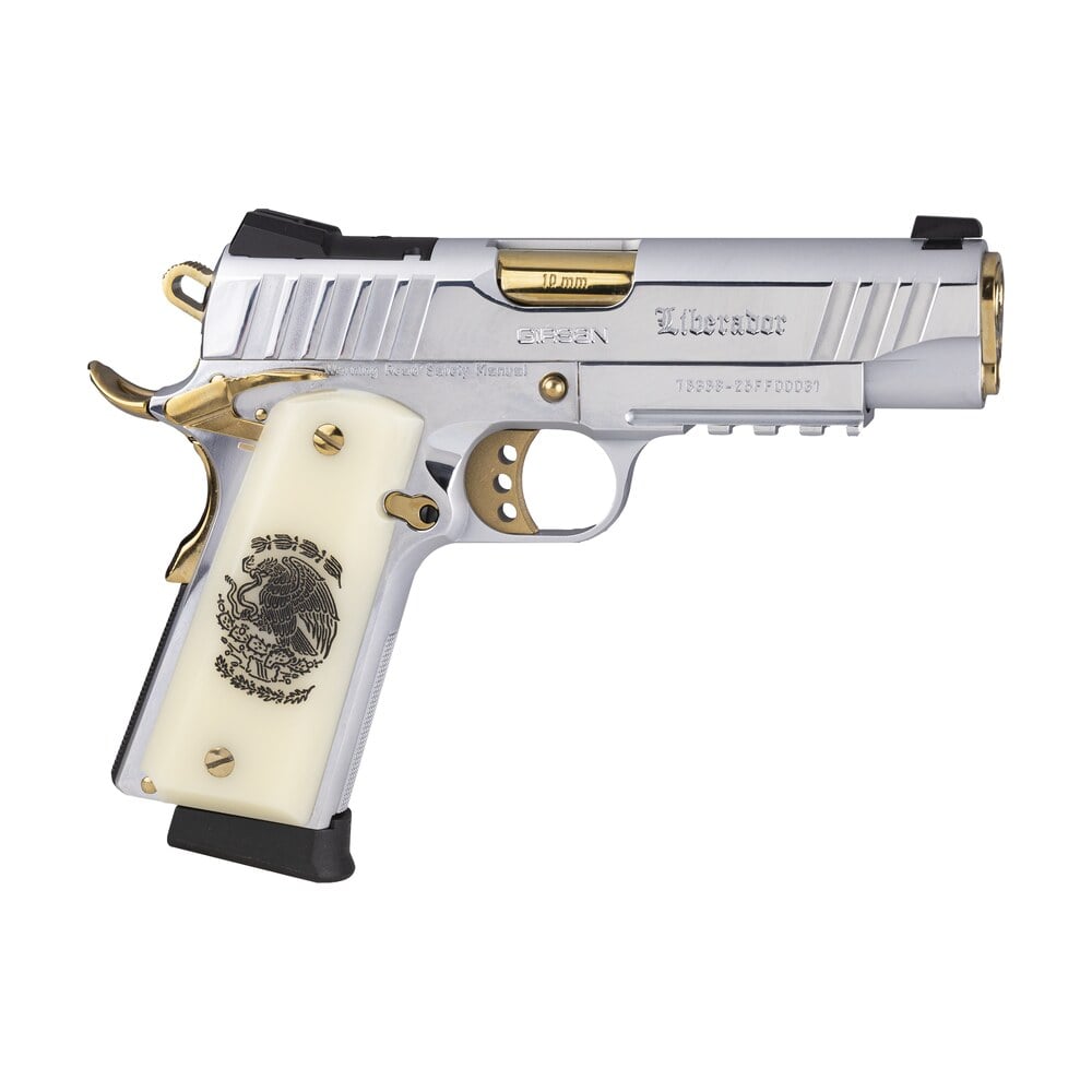 girsan 391620 mc1911 c liberador compact 10mm auto 4.40" polished gold pvd barrel, polished chrome w/gold controls serrated slide & frame w/beavertail & picatinny rail, pearl grip Girsan 391620 MC1911 C Liberador Compact 10mm Auto 4.40" Polished Gold PVD Sports South item 181878