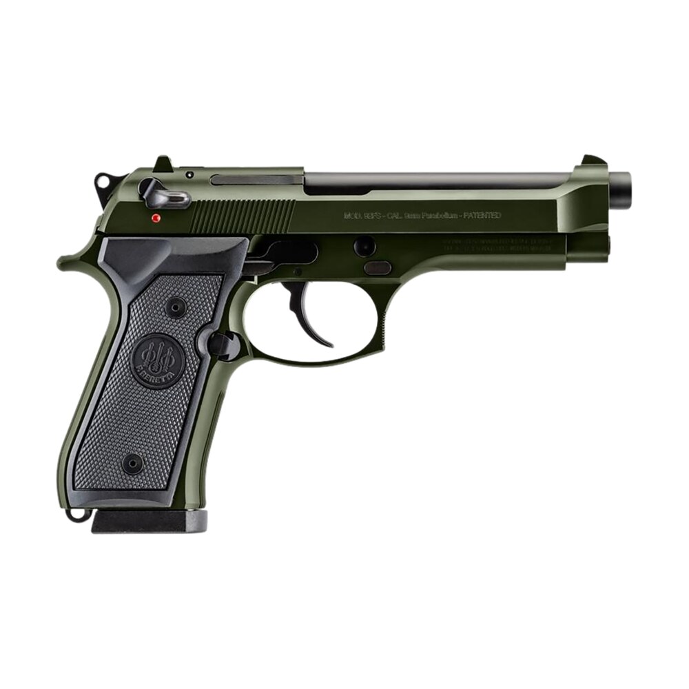 beretta usa j92f300gr15 92fs full size frame 9mm luger 15+1 4.90" black steel barrel, od green cerakote serrated slide, od green cerakote aluminum frame w/beavertail, black textured grip Beretta USA J92F300GR15 92FS Full Size Frame 9mm Luger 15+1 4.90" Black Steel Sports South item 182720