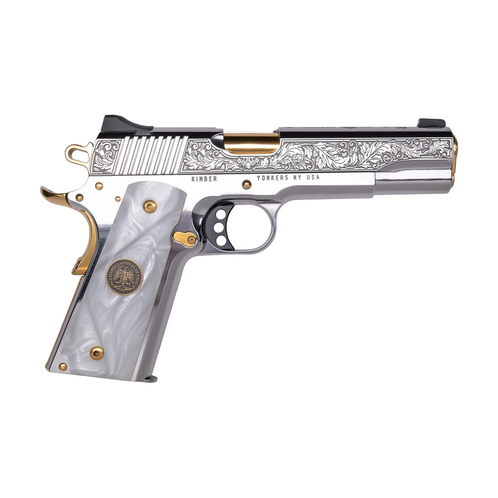 cnc firearms cncpatria kimber 1911 patria 38 super 9+1 gold plated pvd barrel, polished stainless steel engraved/serrated slide, stainless w/gold accents frame, pearl grip Cnc Firearms CNCPATRIA Kimber 1911 Patria 38 Super 9+1 Gold Plated PVD Sports South item 182761