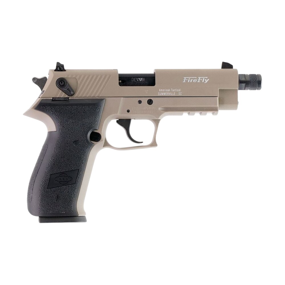 gsg gerg2213tffta firefly 22 lr 13+1 4.90" black threaded barrel, tan aluminum serrated slide, tan aluminum frame w/picatinny rail, textured grip GSG GERG2213TFFTA FireFly 22 LR 13+1 4.90" Black Threaded Sports South item 182769