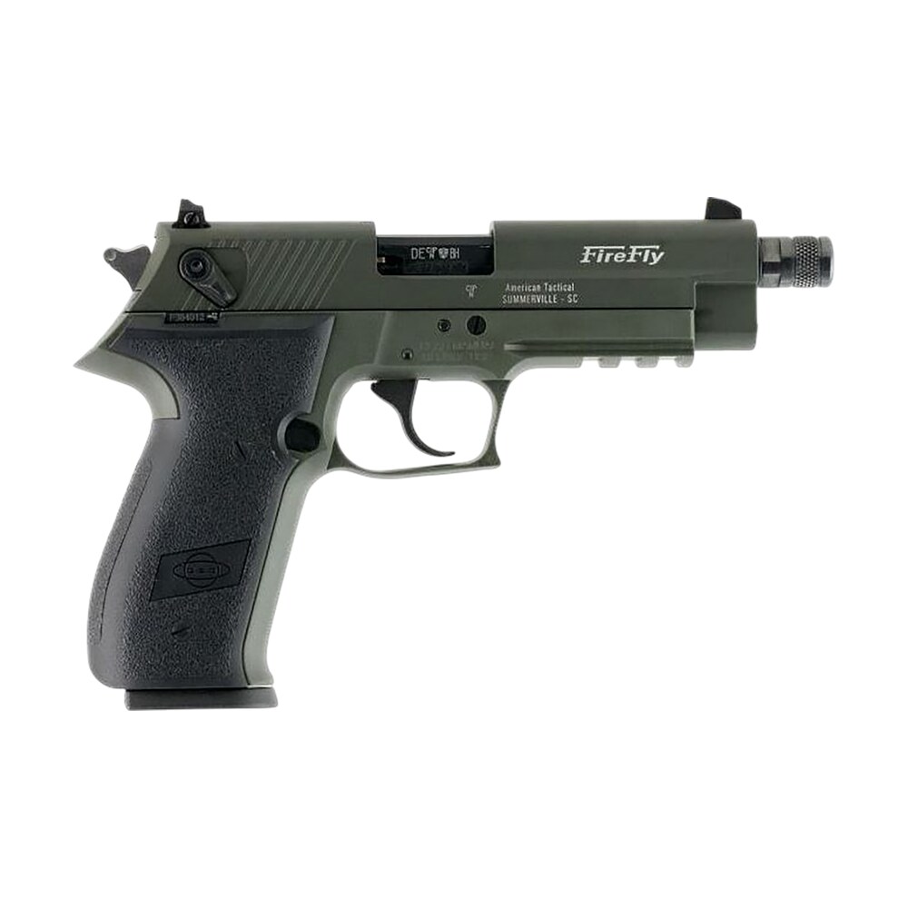 gsg gerg2213tffga firefly 22 lr 13+1 4.90" black threaded barrel, green aluminum serrated slide, green aluminum frame w/picatinny rail, textured grip GSG GERG2213TFFGA FireFly 22 LR 13+1 4.90" Black Threaded Sports South item 182770