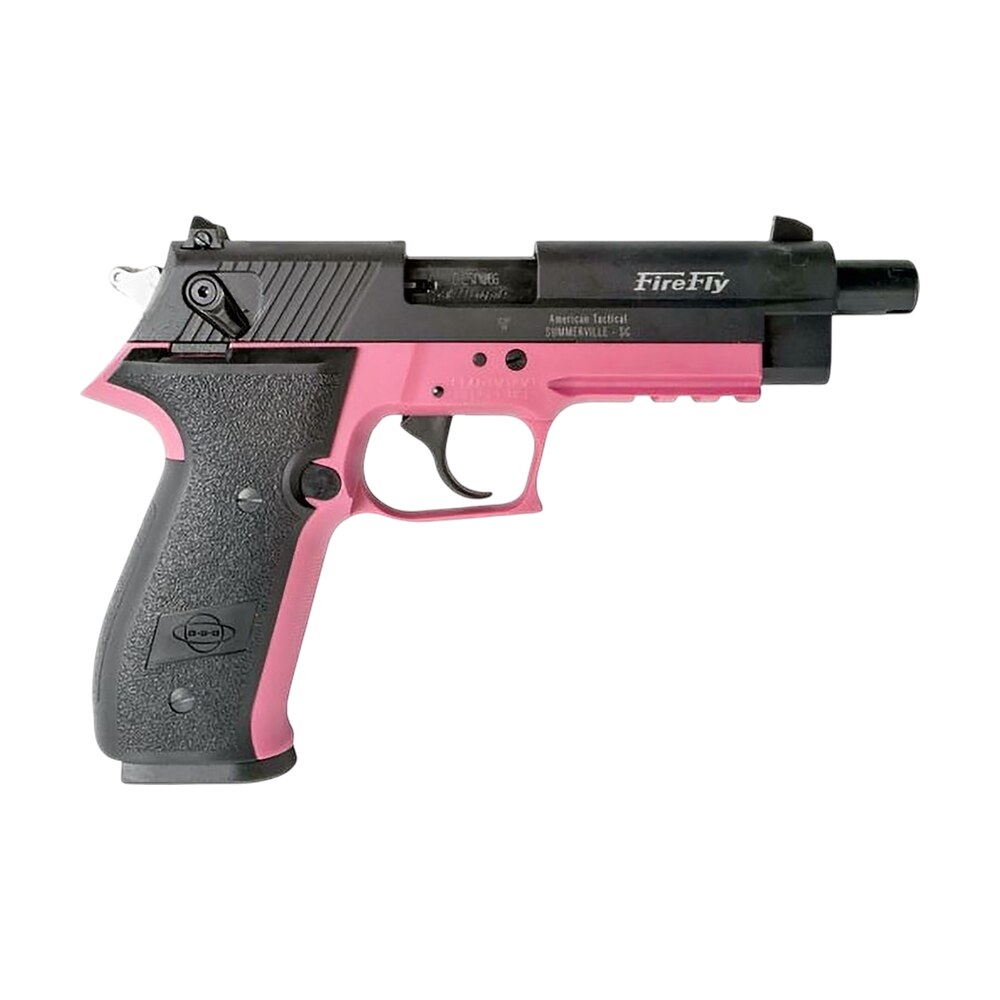 gsg gerg2213tffpa firefly 22 lr 13+1 4.90" black threaded barrel, aluminum serrated slide, pink aluminum frame w/picatinny rail, textured grip GSG GERG2213TFFPA FireFly 22 LR 13+1 4.90" Black Threaded Sports South item 182771