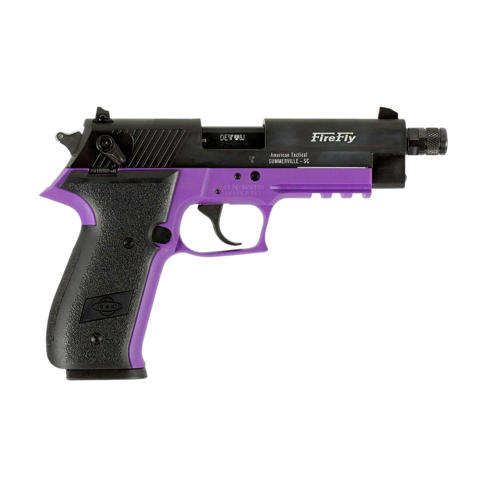 gsg gerg2213tffla firefly 22 lr 13+1 4.90" black threaded barrel, aluminum serrated slide, purple aluminum frame w/picatinny rail, textured grip GSG GERG2213TFFLA FireFly 22 LR 13+1 4.90" Black Threaded Sports South item 182772