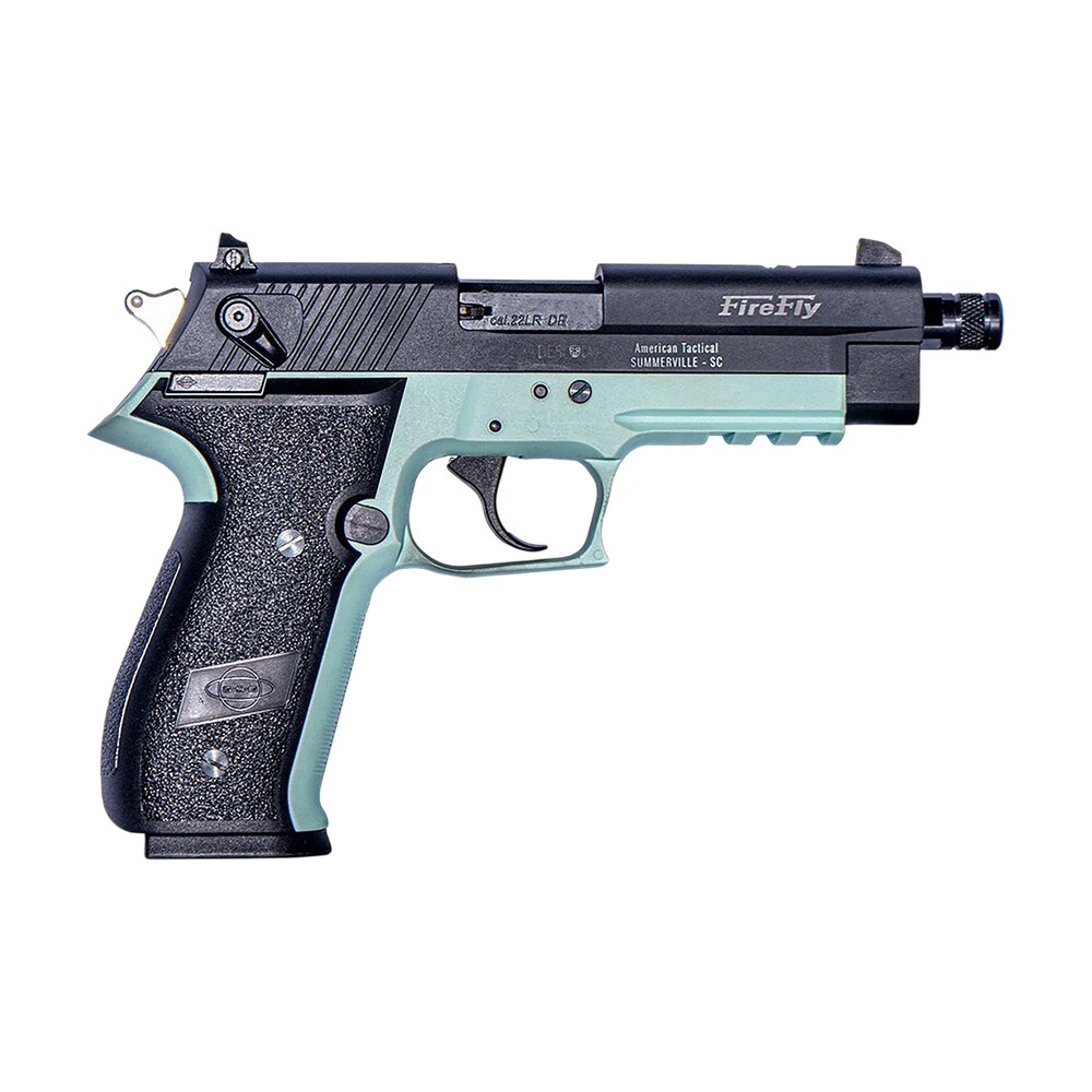 gsg gerg2213tffma firefly 22 lr 13+1 4.90" black threaded barrel, aluminum serrated slide, mint aluminum frame w/picatinny rail, textured grip GSG GERG2213TFFMA FireFly 22 LR 13+1 4.90" Black Threaded Sports South item 182774