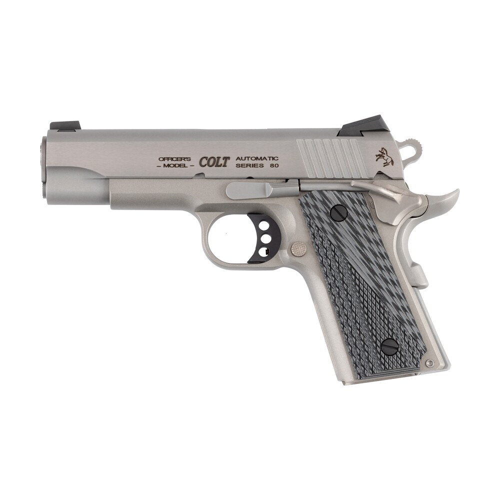 colt mfg o9840xe officer lightweight 45 acp 7+1 4.25" stainless steel barrel, stainless cerakote stainless steel serrated slide, stainless cerakote aluminum frame w/beavertail, black/gray g10 grip Colt Mfg O9840XE Officer Lightweight 45 ACP 7+1 4.25" Stainless Steel Sports South item 183629
