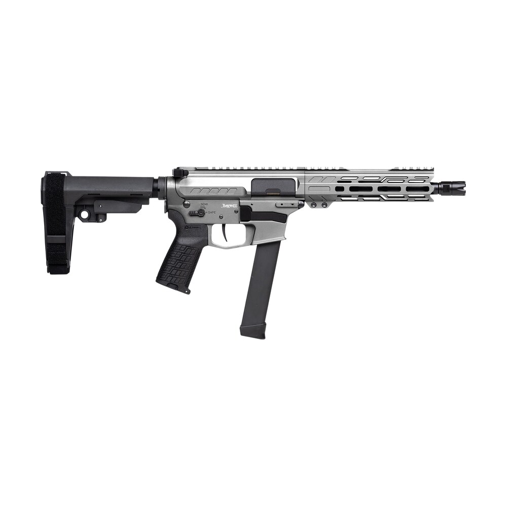 cmmg 99a520ftng banshee fe mkgs 9mm luger 33+1 8" black nitride threaded barrel, m lok handguard, tungsten cerakote aluminum receiver w/picatinny rail, black polymer cmmg ripbrace, cmmg zeroed grip CMMG 99A520FTNG Banshee FE MkGs 9mm Luger 33+1 8" Black Nitride Threaded Sports South item 184132