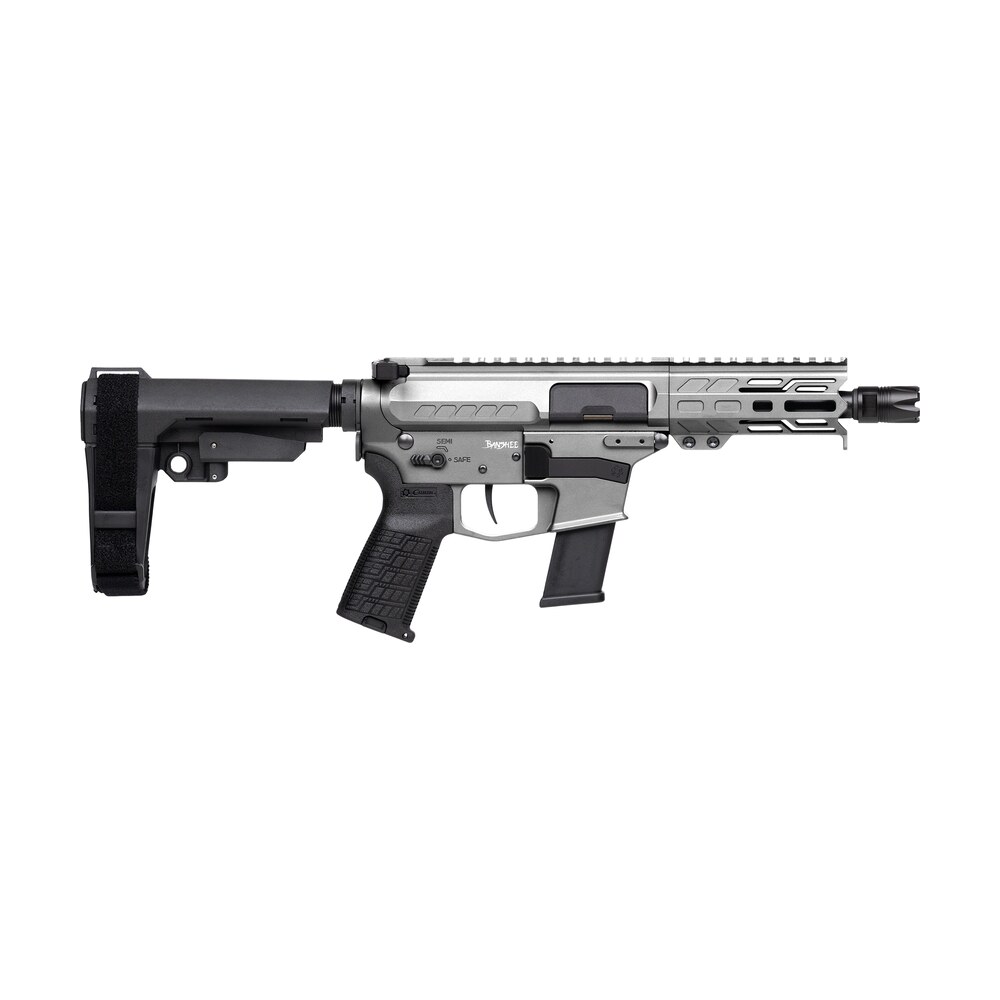 cmmg 45a150ftng banshee fe mkg 45 acp 13+1 5" black nitride threaded barrel, m lok handguard, titanium cerakote aluminum receiver w/picatinny rail, black polymer cmmg ripbrace, cmmg zeroed grip CMMG 45A150FTNG Banshee FE MkG 45 ACP 13+1 5" Black Nitride Threaded Sports South item 184133