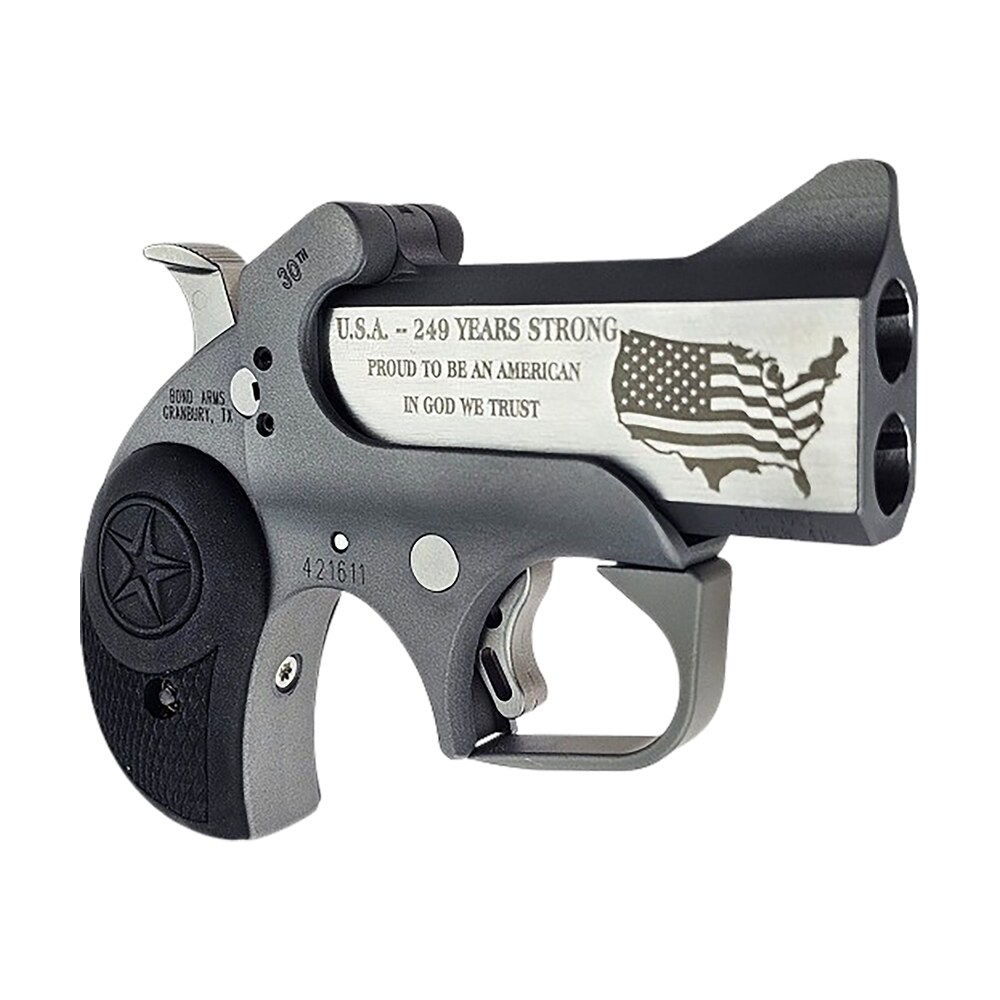 bond arms ba30th 45lc/410 30th anniversary rough series 45 colt/410 gauge 2 shot 3" engraved matte double barrel rough matte stainless steel frame black rubber grips right hand Bond Arms BA30TH-45LC/410 30th Anniversary Rough Series 45 Colt/410 Gauge 2 Shot 3" Engraved Sports South item 184156