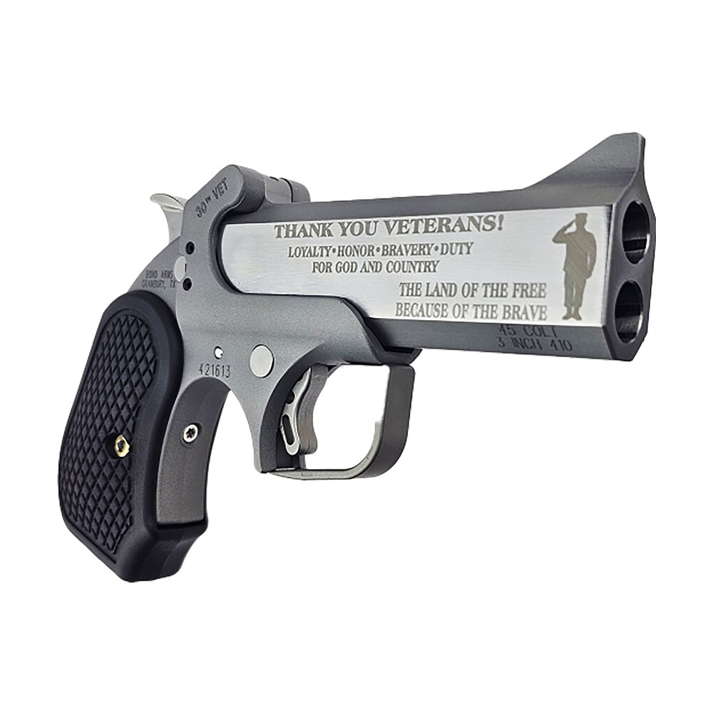 bond arms ba30thvet 45lc/410 30th vet rough series 45 colt/410 gauge 2 shot 4.25" engraved matte double barrel rough matte stainless steel frame black extended b6 resin grips right hand Bond Arms BA30THVET-45LC/410 30th Vet Rough Series 45 Colt/410 Gauge 2 Shot 4.25" Engraved Sports South item 184158