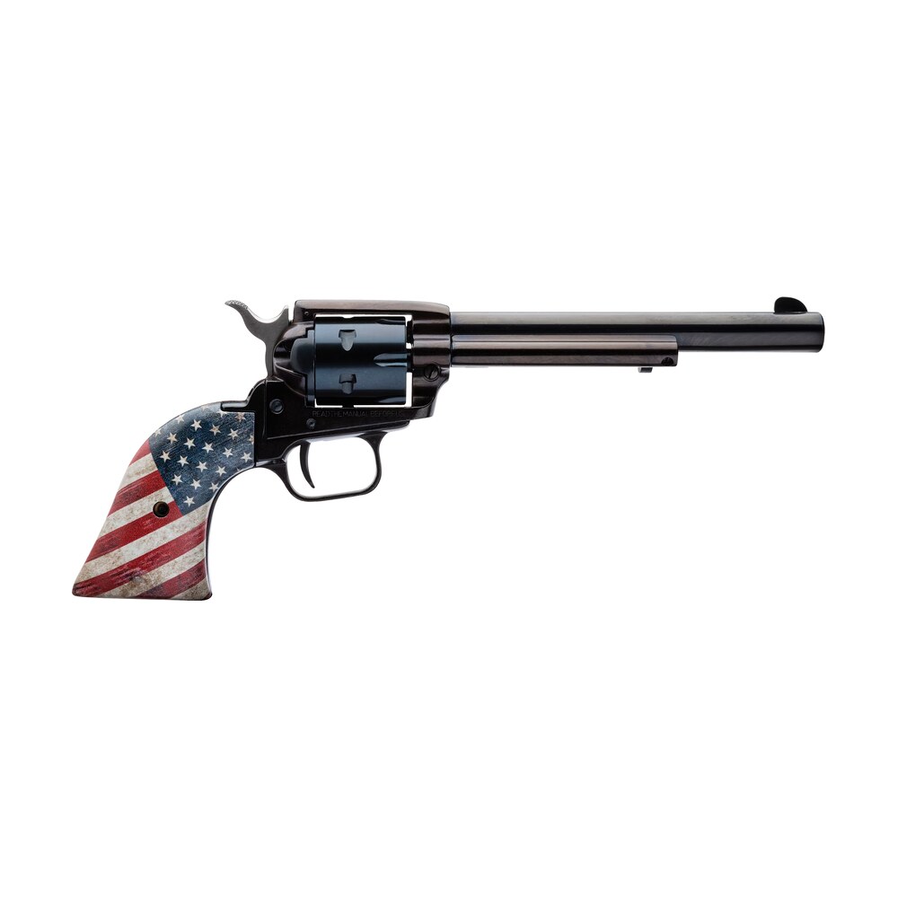 heritage mfg rr22b6usflag rough rider 22 lr 6 shot 6.50" black oxide barrel & cylinder, black steel zinc alloy frame, us flag grip exposed hammer Heritage Mfg RR22B6USFLAG Rough Rider 22 LR 6 Shot 6.50" Black Oxide Barrel & Cylinder, Sports South item 184655