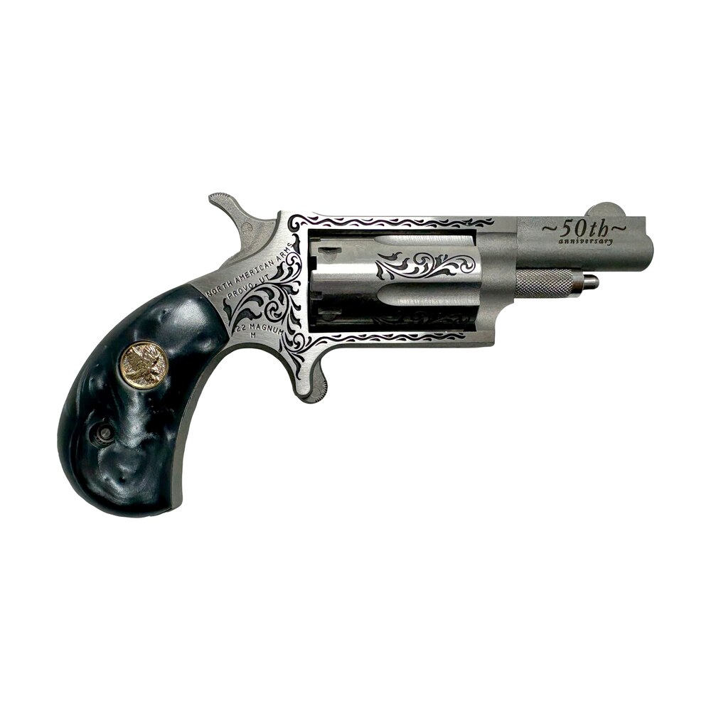 north american arms 22m50b 50th anniversary 22 mag 5 shot 1.63" matte stainless w/"50th anniversary" & scroll engraving, black pearl grip, exposed hammer North American Arms 22M50B 50th Anniversary 22 Mag 5 Shot 1.63" Matte Stainless Sports South item 184800
