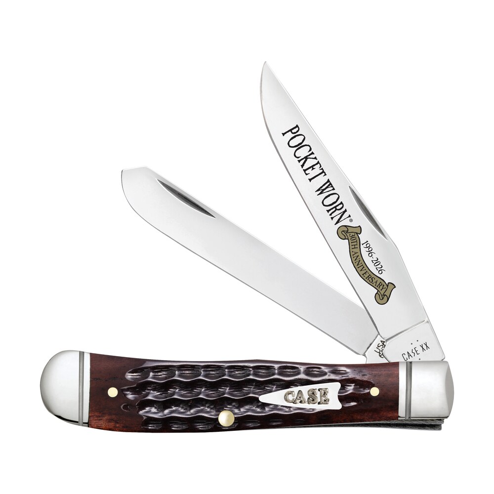 case 55231 pocket worn trapper mini folding 2.75" clip point & spey plain mirror polished tru sharp ss blades, corn cob jigged mahogany bone handle Case 55231 Pocket Worn Trapper Mini Folding 2.75" Clip Point & Spey Plain Mirror Polished Sports South item 185170