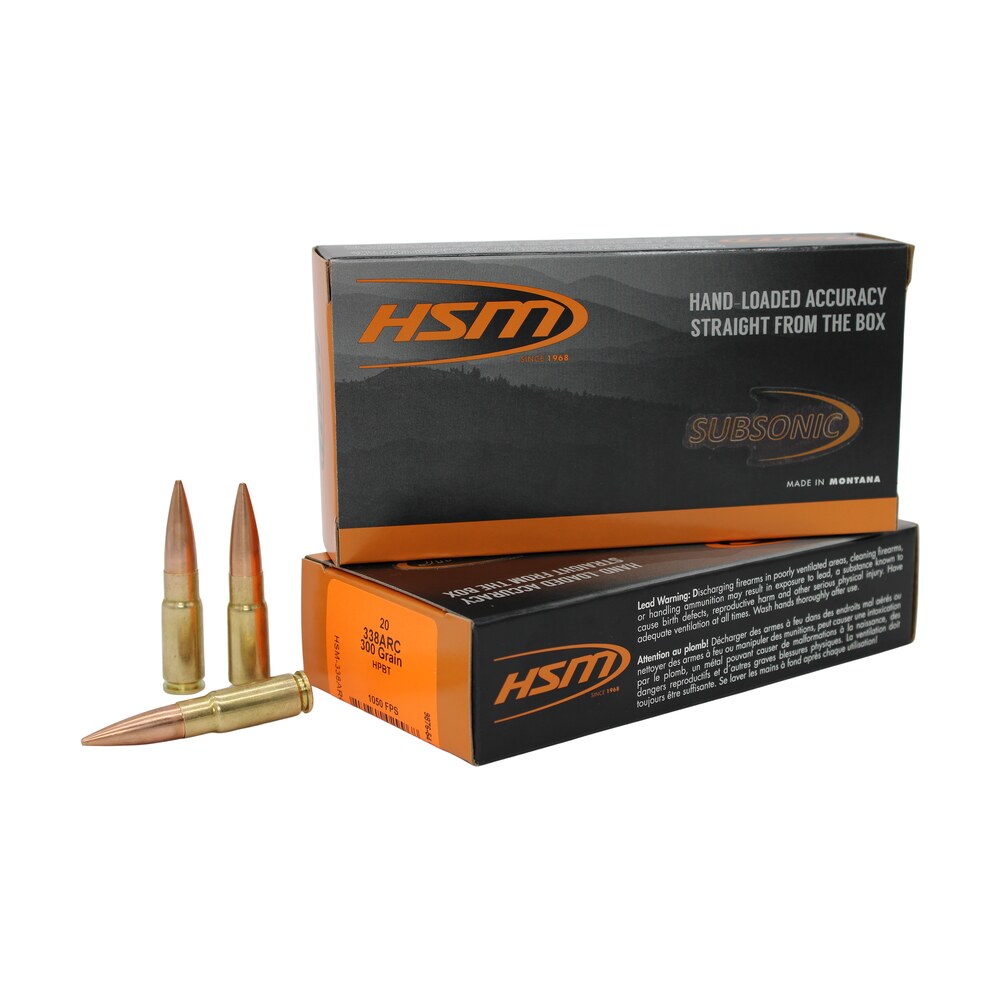 hsm 338arc1n subsonic 338arc 300gr hollow point boat tail 20 per box/25 case HSM 338ARC1N Subsonic 338ARC 300gr Hollow Point Boat Tail 20 Per Box/25 Case Sports South item 185445