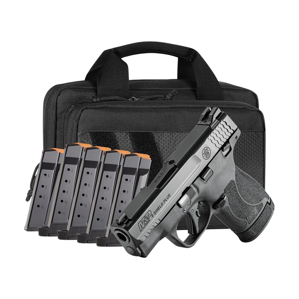 smith & wesson 14750 m&p shield plus bundle micro compact 9mm luger 13+1, 3.10" black armornite stainless steel barrel & serrated slide, matte black polymer frame, thumb safety, 6 mags & bag Smith & Wesson 14750 M&P Shield Plus Bundle Micro-Compact 9mm Luger 13+1, 3.10" Black Sports South item 186374