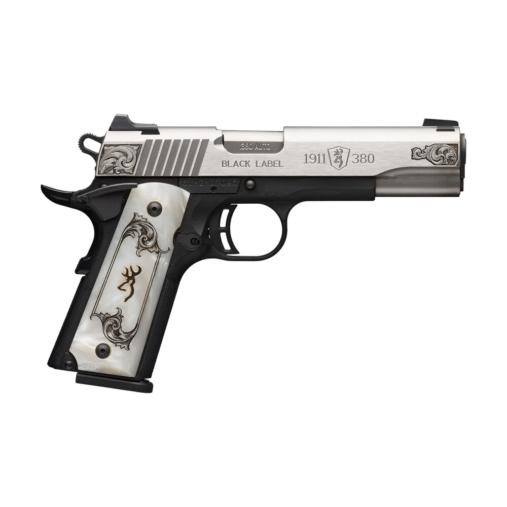 browning 051966492 1911 black label medallion full size frame 380 acp 8+1 4.25" matte stainless steel barrel & serrated slide, matte black polymer frame w/beavertail, white imitation pearl grip Browning 051966492 1911 Black Label Medallion Full Size Frame 380 ACP 8+1 4.25" Matte Stainless Sports South item 186603