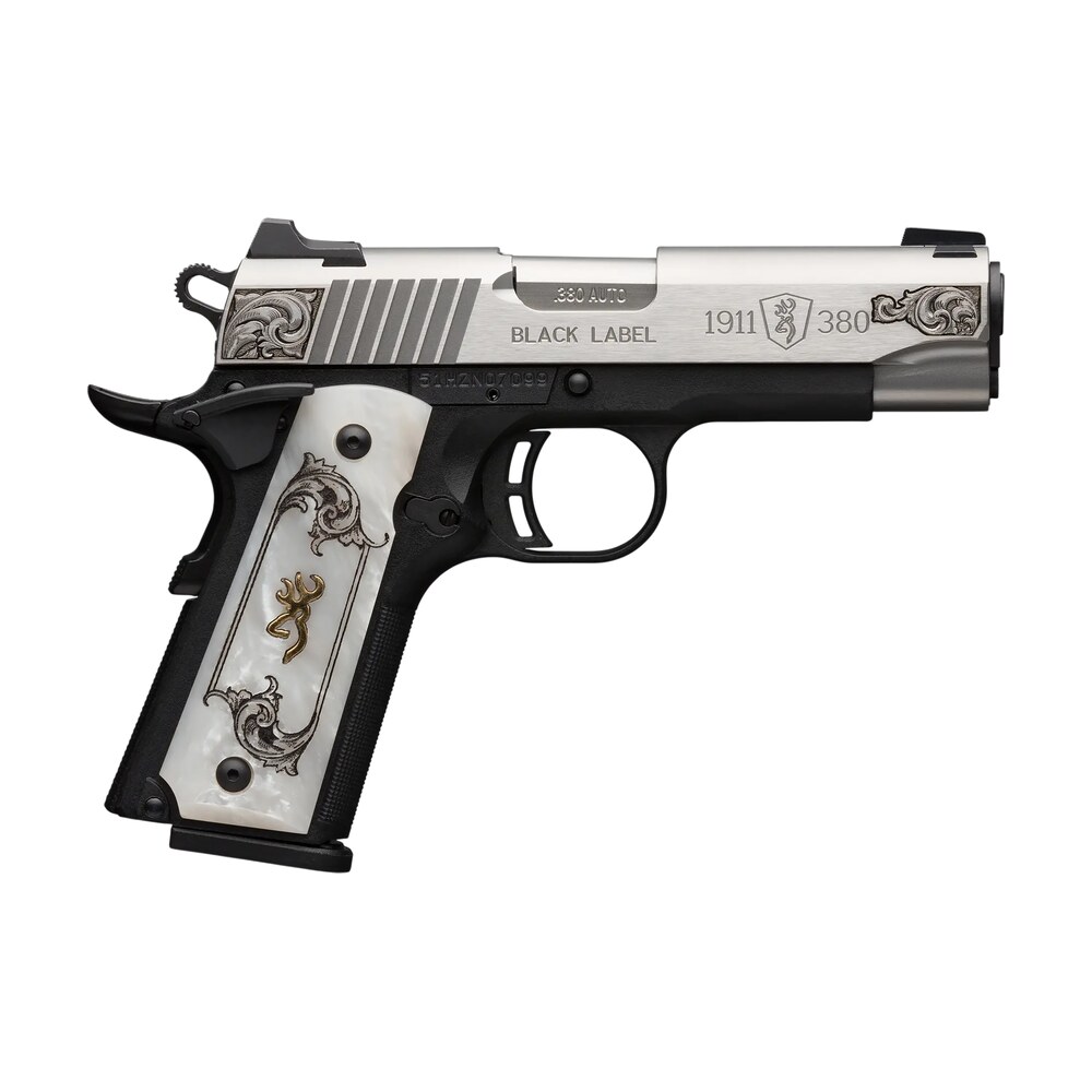 browning 051967492 1911 black label medallion compact 380 acp 8+1 3.63" matte stainless stainless steel barrel & serrated slide, matte black polymer frame w/beavertail, white imitation pearl grip Browning 051967492 1911 Black Label Medallion Compact 380 ACP 8+1 3.63" Matte Stainless Sports South item 186604