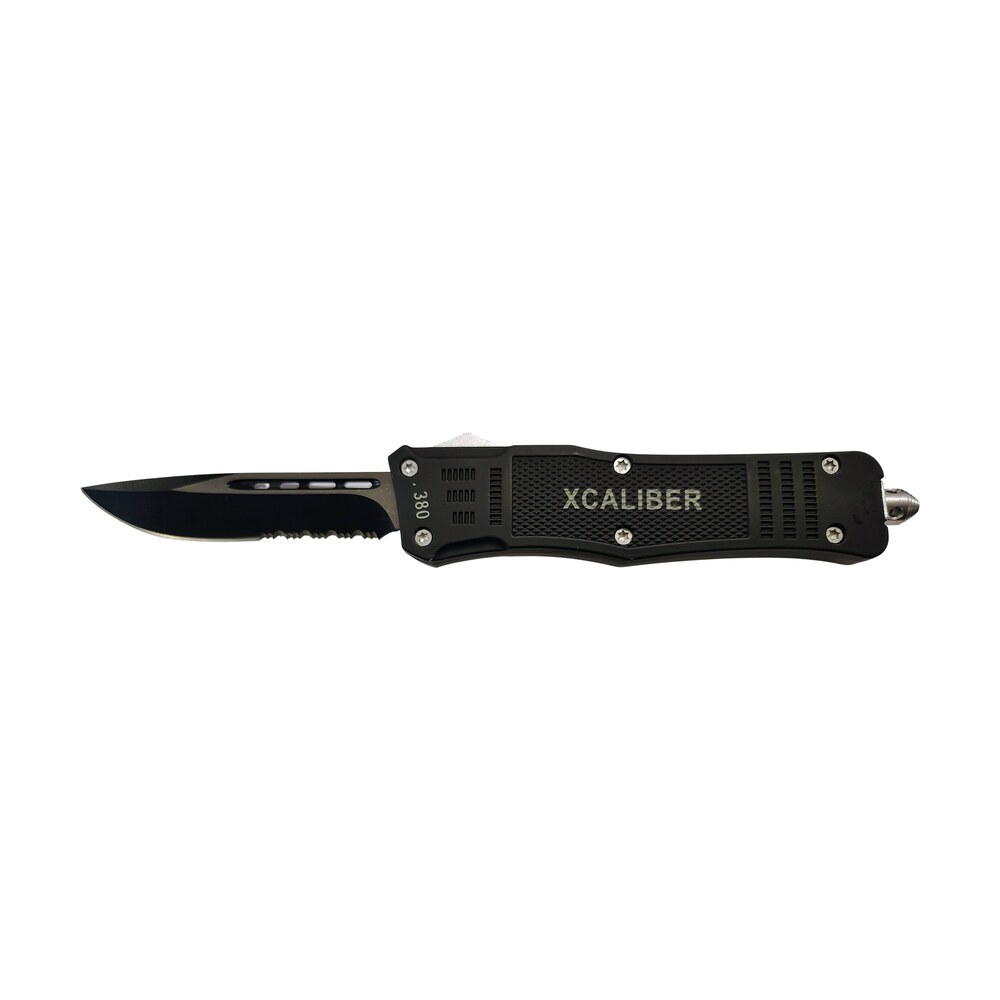 xcaliber knife company 380 acp large 3.80" otf part serrated black 440c ss blade, 5.30" steel handle Xcaliber Knife Company 380 ACP Large 3.80" OTF Part Serrated Black 440C SS Blade, 5.30" Steel Sports South item 187760
