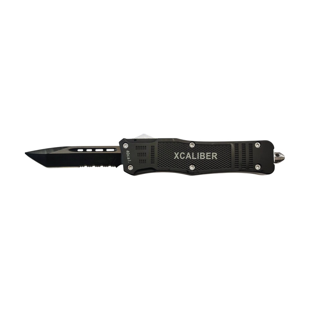 xcaliber knife company 40 cal large 3.80" otf tanto part serrated black 440c ss blade, 5.30" steel handle Xcaliber Knife Company 40 Cal Large 3.80" OTF Tanto Part Serrated Black 440C SS Blade, 5.30" Sports South item 187766