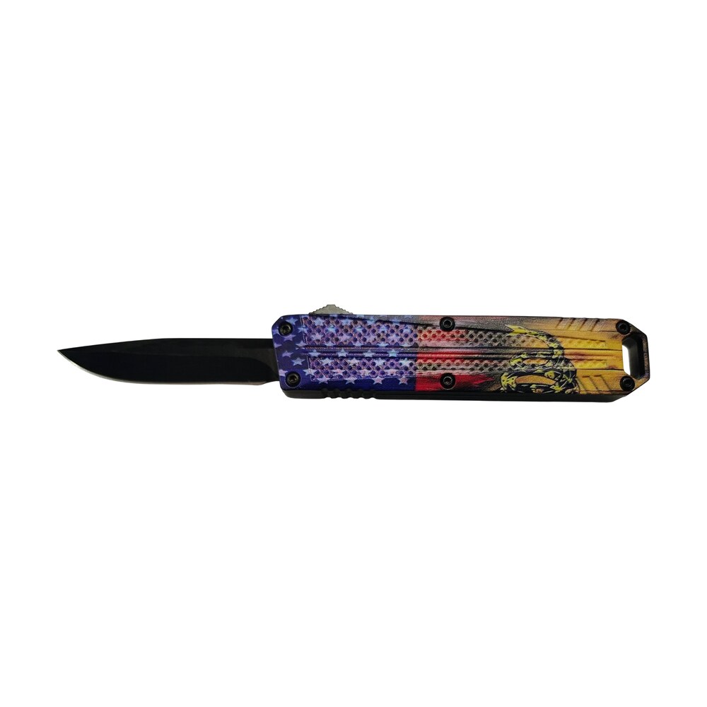 xcaliber knife company don't tread on me small 2.75" otf drop point plain black 440c ss blade, 4.15" us flag aluminum handle Xcaliber Knife Company Don't Tread on Me Small 2.75" OTF Drop Point Plain Black 440C SS Blade, Sports South item 187775