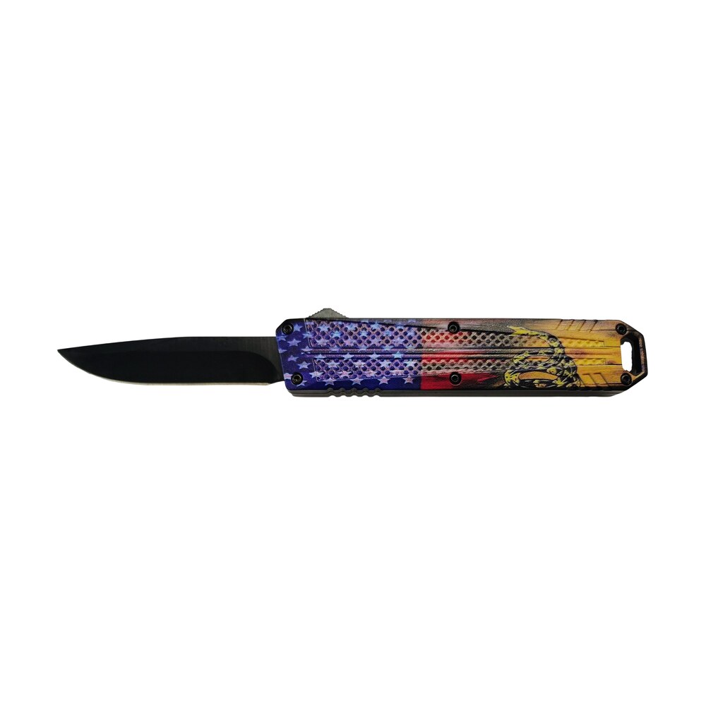 xcaliber knife company don't tread on me medium 3.20" otf drop point plain black 440c ss blade, 4.80" us flag aluminum handle Xcaliber Knife Company Don't Tread on Me Medium 3.20" OTF Drop Point Plain Black 440C SS Blade, Sports South item 187776