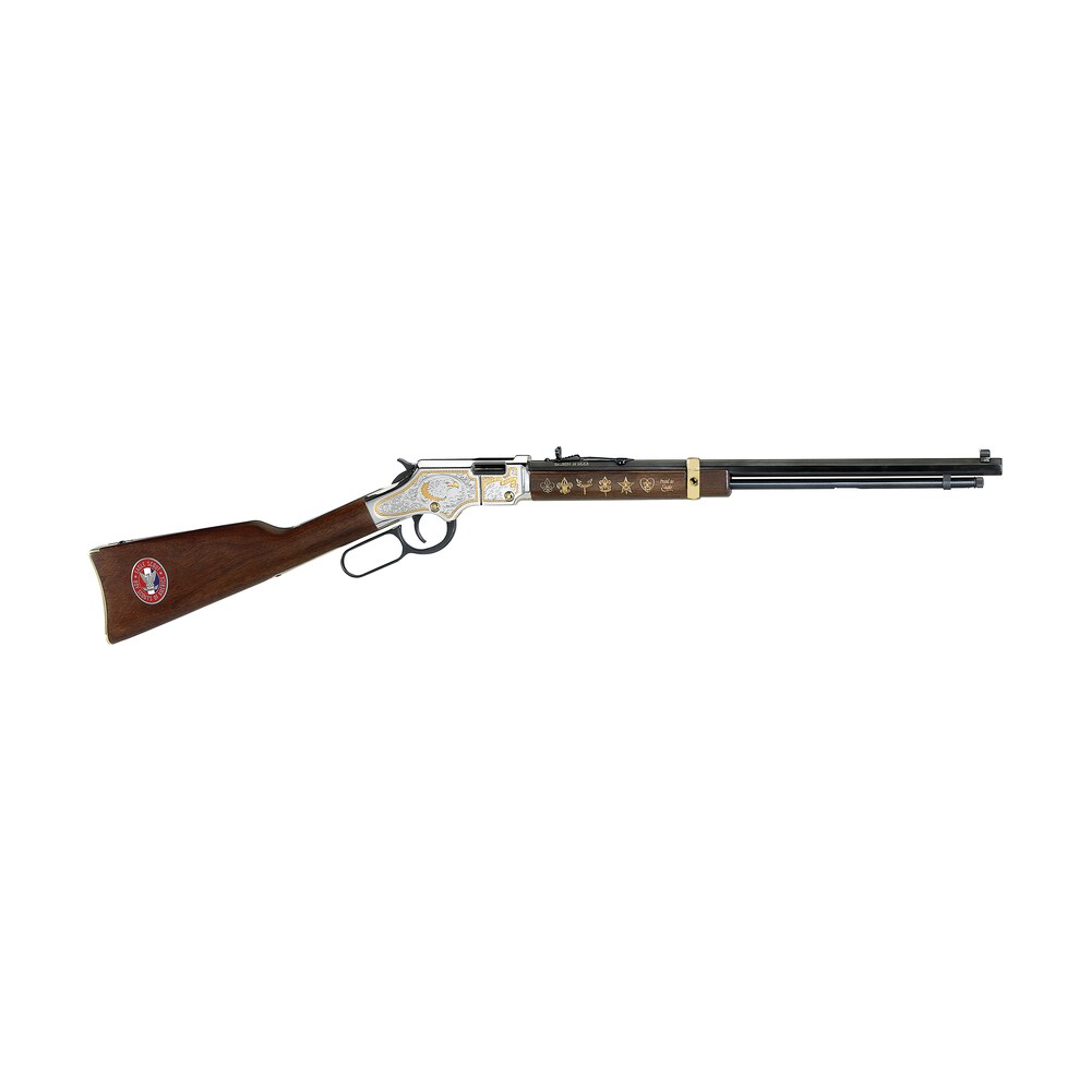 henry h004es2 golden boy eagle scout tribute 2nd edition 22 s/l/lr 16+1 20" blued octagon barrel, nickel plated w/selective 24kt gold plating drilled & tapped receiver, american walnut straight Henry H004ES2 Golden Boy Eagle Scout Tribute 2nd Edition 22 S/L/LR 16+1 20" Blued Octagon Sports South item 188449
