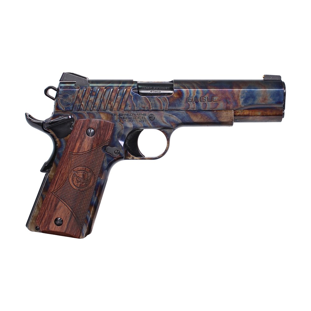iver johnson arms eaglecc eagle gen2 cc government 45 acp 8+1 5" polished black pvd crowned barrel, color case hardened steel serrated slide & steel frame w/beavertail, dymondwood engraved w/logo grip Iver Johnson Arms EAGLECC Eagle Gen2 CC Government 45 ACP 8+1 5" Polished Black PVD Crowned Sports South item 188475