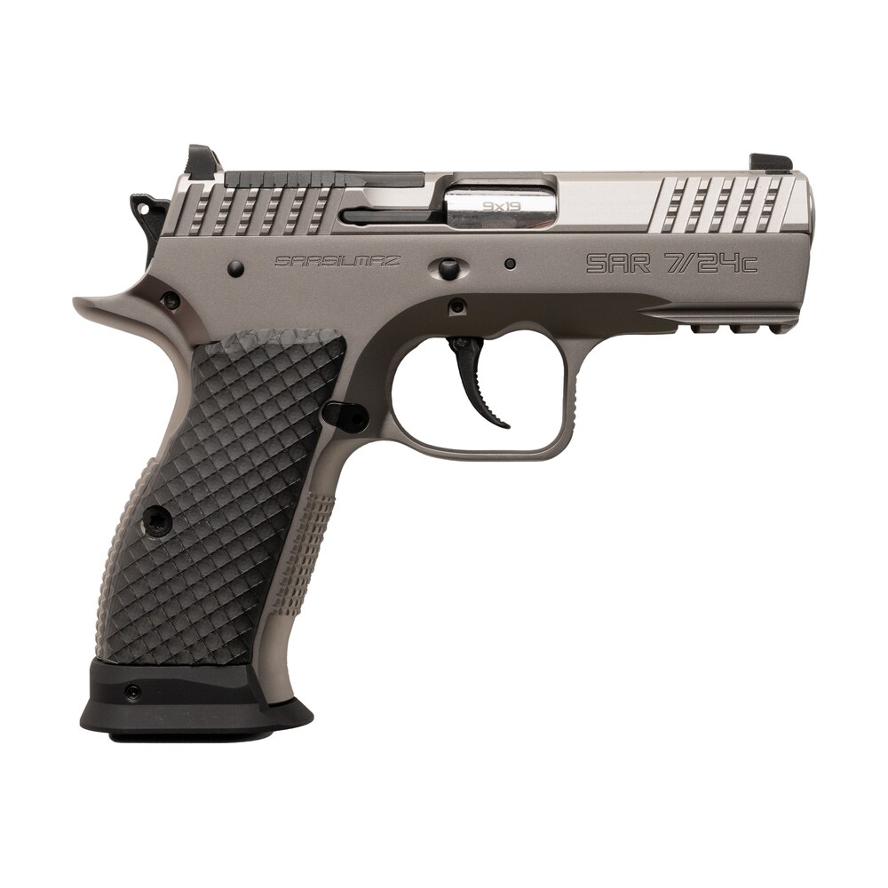 sarsilmaz sar7/24c 7/24 compact 9mm luger 17+1 matte stainless steel frame w/beavertail & picatinny rail, black polymer grip Sarsilmaz SAR7/24C 7/24 Compact 9mm Luger 17+1 Matte Stainless Steel Frame Sports South item 188510