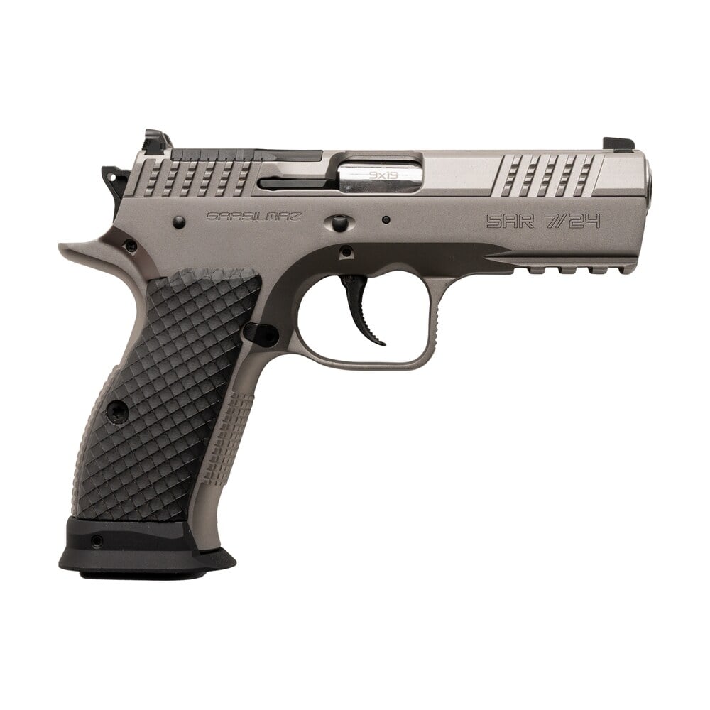 sarsilmaz sar7/24 7/24 9mm luger 17+1 4.40" stainless barrel, matte stainless steel optic cut/serrated slide, matte stainless steel frame w/beavertail & picatinny rail, black polymer grip Sarsilmaz SAR7/24 7/24 9mm Luger 17+1 4.40" Stainless Sports South item 188511