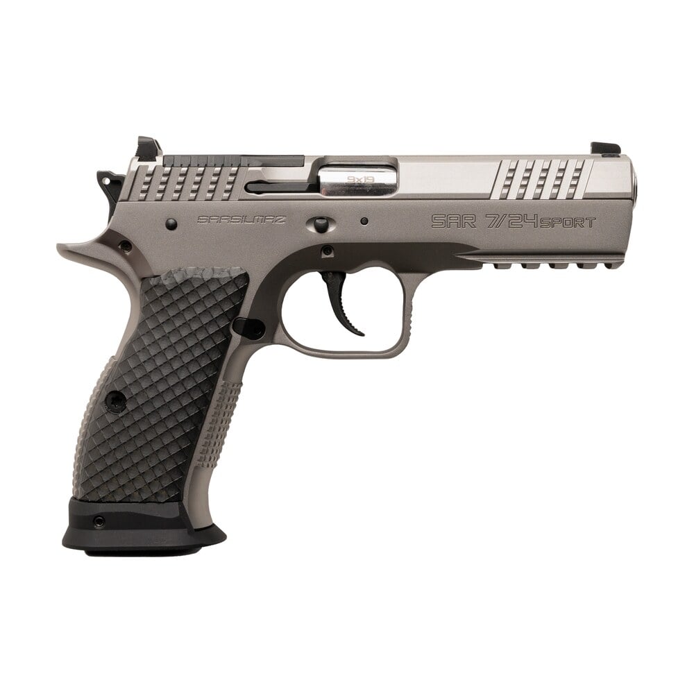 sarsilmaz sar7/24spt 7/24 9mm luger 17+1 4.40" stainless barrel, matte stainless steel optic cut/serrated slide, matte stainless steel frame w/beavertail & picatinny rail, black polymer grip Sarsilmaz SAR7/24SPT 7/24 9mm Luger 17+1 4.40" Stainless Sports South item 188512