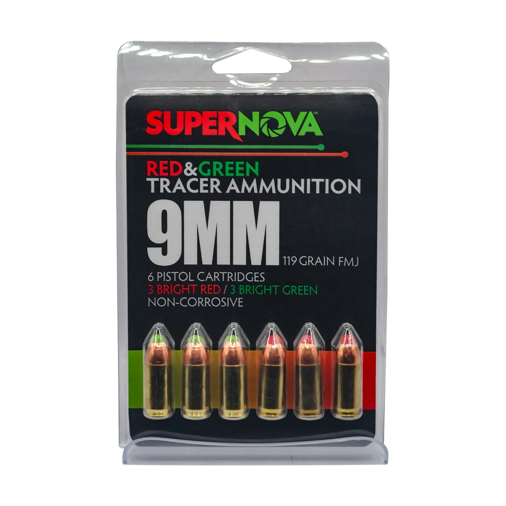 supernova pmsn9mmmp green/red tracer 9mmluger 119gr full metal jacket 6 per box/60 case Supernova PMSN9MMMP Green/Red Tracer 9mmLuger 119Gr Full Metal Jacket 6 Per Box/60 Case Sports South item 188528