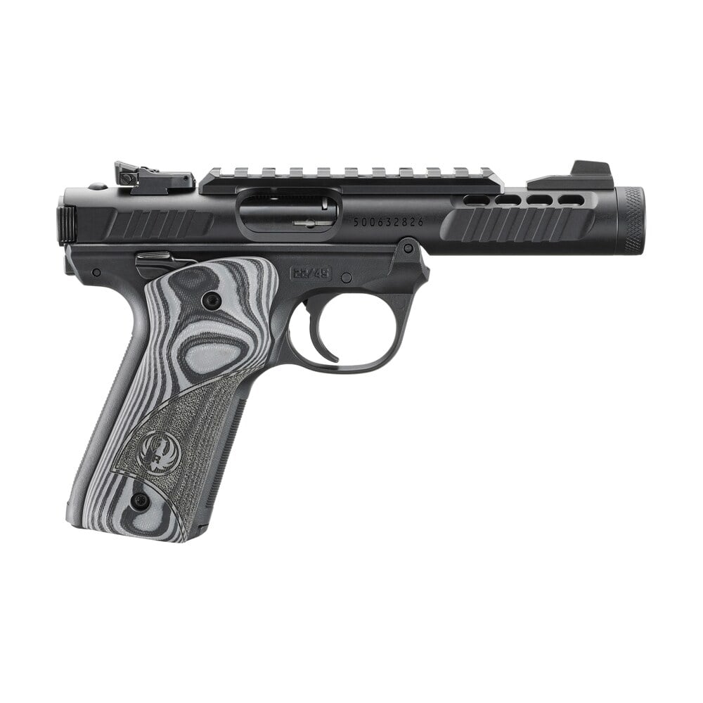 ruger 43959 mark iv 22/45 lite 22 lr 10+1 4.40" black stainless steel non threaded barrel, black anodized receiver w/picatinny rail, black polymer frame, black/gray g10 grip Ruger 43959 Mark IV 22/45 Lite 22 LR 10+1 4.40" Black Stainless Steel Non-Threaded Sports South item 188546