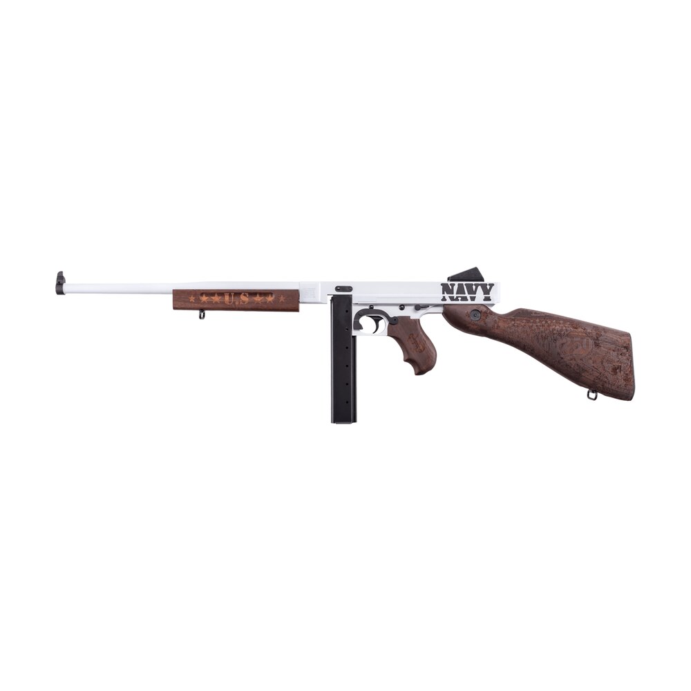 thompson tm1c5 navy 250th anniversary 45 acp 30+1 16.50" arctic white & savage stainless cerakote arctic steel barrel & receiver, engraved walnut fixed stock, engraved wood grip Thompson TM1C5 Navy 250th Anniversary 45 ACP 30+1 16.50" Arctic White & Savage Stainless Sports South item 188644