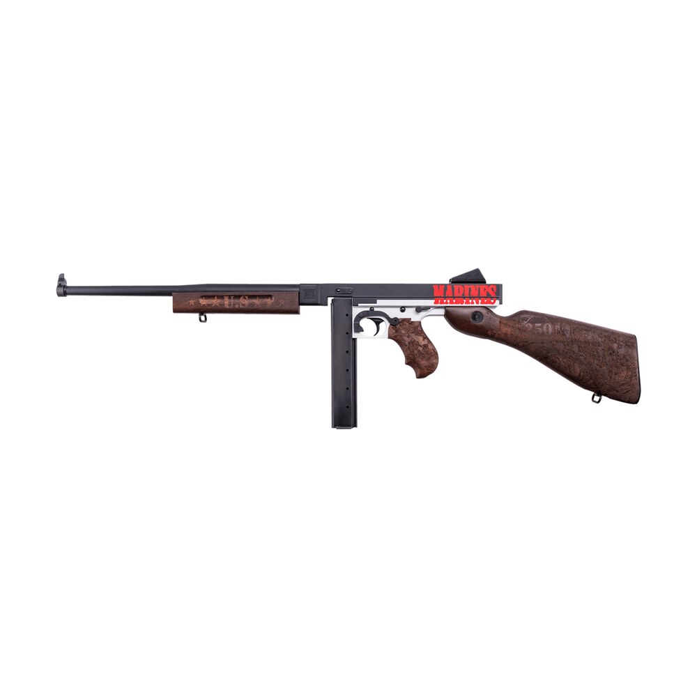 thompson tm1c6 marines 250th anniversary 45 acp 30+1 16.50" midnight blue cerakote barrel, midnight blue/stormtrooper white cerakote steel receiver, engraved walnut fixed stock, engraved wood grip Thompson TM1C6 Marines 250th Anniversary 45 ACP 30+1 16.50" Midnight Blue Cerakote Sports South item 188645