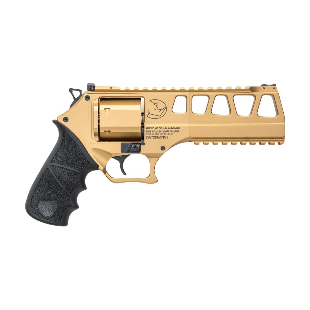 chiappa firearms 340355 rhino 60ds l frame 44 mag 6 shot 6" gold steel barrel & cylinder, gold alloy frame, black hogue rubber grip Chiappa Firearms 340355 Rhino 60DS L Frame 44 Mag 6 Shot 6" Gold Steel Barrel & Cylinder, Sports South item 188709