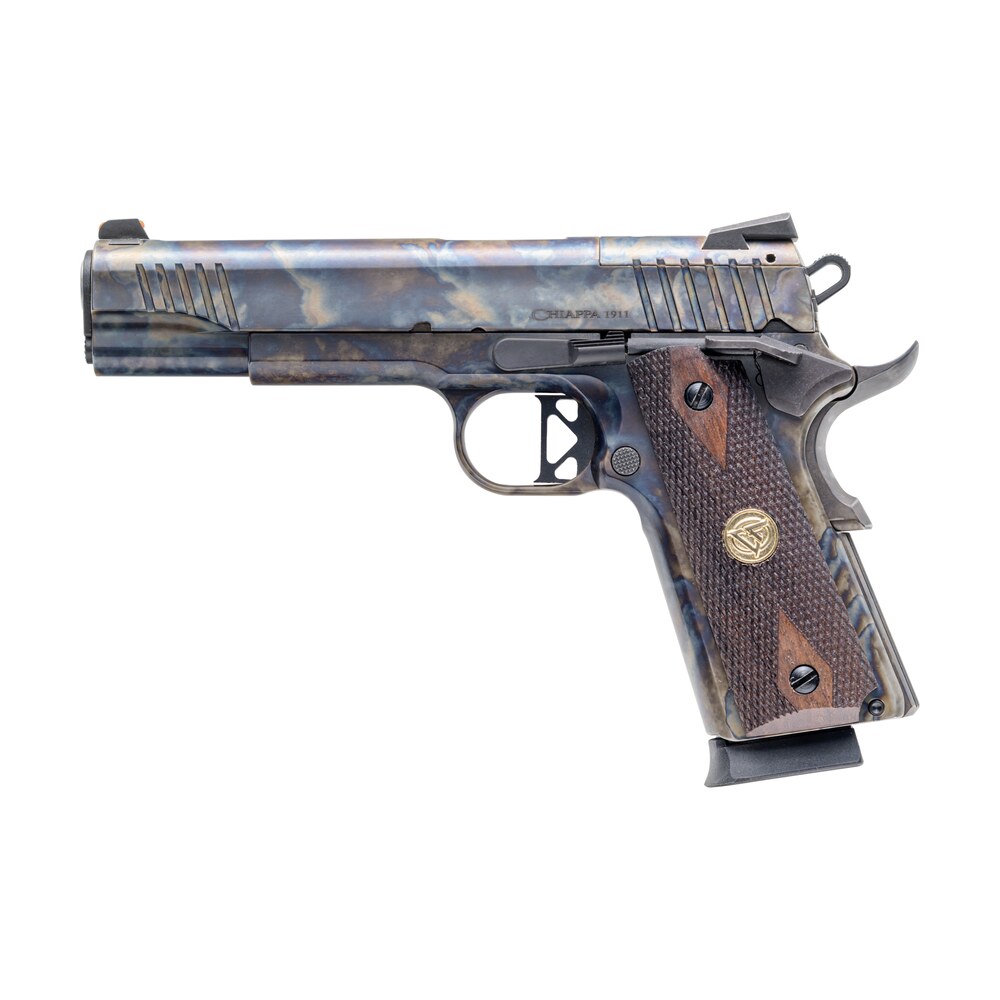 chiappa firearms 440235 1911 superior full size frame 45 acp 8+1 5" color case hardened optic ready/serrated slide & frame, walnut grip, rmr/rmsc footprint Chiappa Firearms 440235 1911 Superior Full Size Frame 45 ACP 8+1 5" Color Case Hardened Optic Sports South item 188725