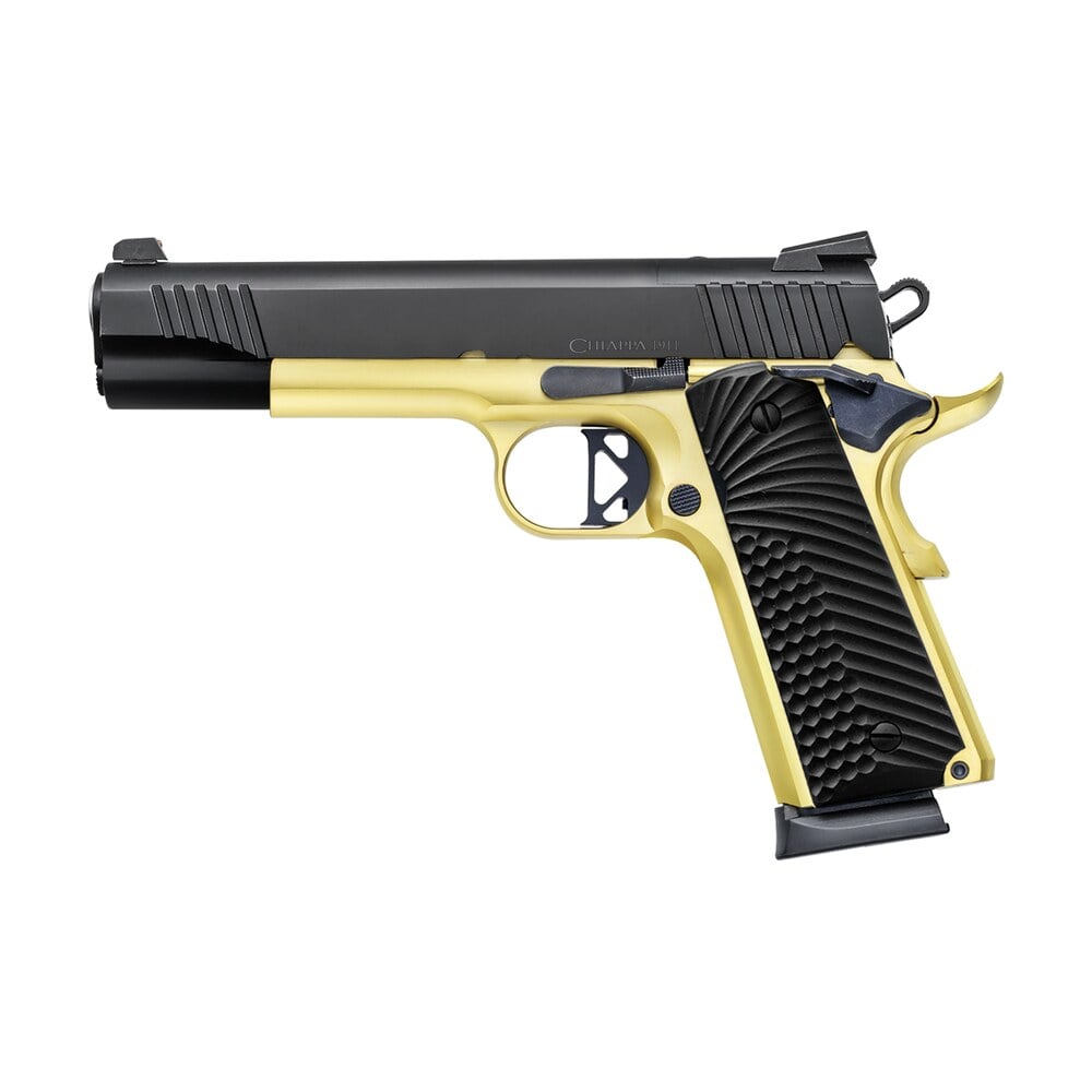 chiappa firearms 440236 1911 superior full size frame 45 acp 8+1 5" black optic ready/serrated slide, gold frame, blue laminate grip, rmr/rmsc footprint Chiappa Firearms 440236 1911 Superior Full Size Frame 45 ACP 8+1 5" Black Optic Ready/Serrated Sports South item 188726